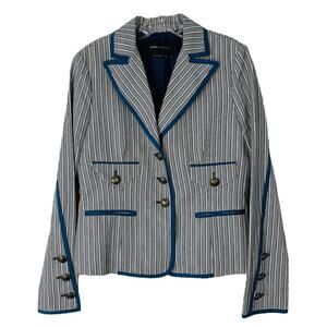 BCBG white blue stripe coastal preppy linen button blazer jacket medium